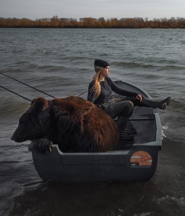 女子與棕熊一起拿釣竿在船上釣魚　網驚：畫面太夢幻！