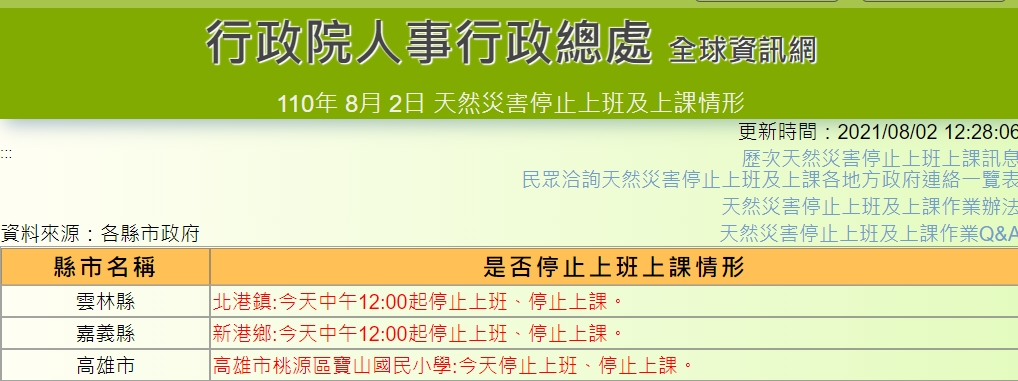 ▲行政院人事行政總處已發布高雄市桃源區寶山國小今（2）日停止上班、停止上課通知。（圖／翻攝自行政院人事行政總處網站）