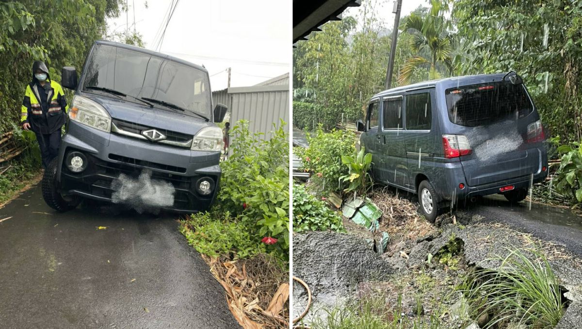 ▲貨車司機因不熟路況誤入小徑卡在坡坎上，最後請來拖吊車才將貨車吊起解困。（圖／桃園分局提供）