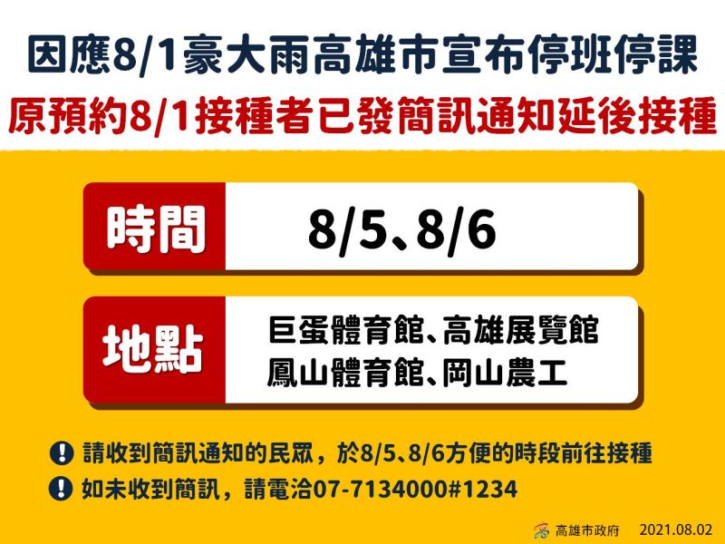 ▲因西南氣流影響高雄市於１日宣布停班停課造成疫苗無法施打，陳其邁今天宣布8/5-6日可補打疫苗，衛生局也表示，無法配合者，可於上班時間來電，衛生局將協助處理。(圖／高市府提供)