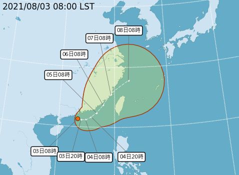 ▲中央氣象局今（3）日表示，廣東海面的低氣壓已經在早上8點增強為熱帶性低氣壓，最快今天晚上到明（4）日會形成第9號颱風「盧碧」。圖為熱帶性低氣壓（TD11）的潛勢路徑圖。（圖/氣象局提供）