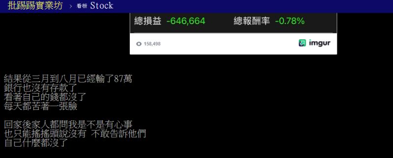 ▲一位40歲上班族在短短4個月內，將「87萬存款」全賠光。（圖／翻攝PTT）