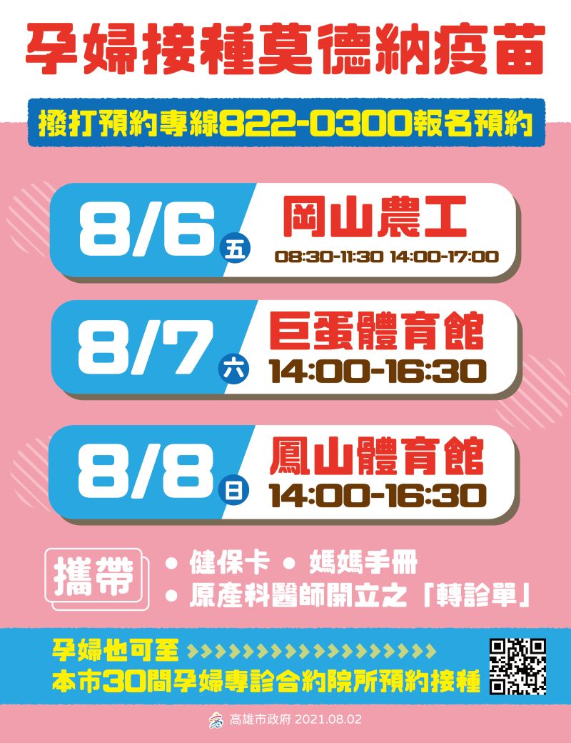 ▲高市孕婦接種莫德納疫苗,也可預約8月6至8日高市府開設的大型接種站。(圖/高市府提供)