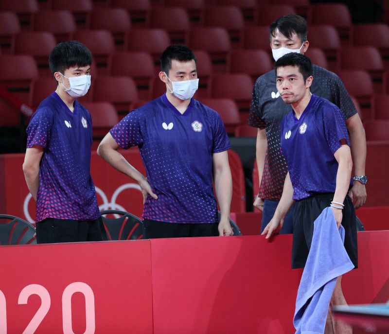 ▲東京奧運男團桌球林昀儒、教練蔣澎龍、莊智淵、陳建安。（體育署）