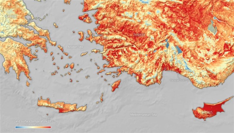 ▲歐洲太空總署3日表示，土耳其和賽普勒斯遭熱浪襲擊，已導致地表溫度本月第2次超過攝氏50度。（圖／翻攝自歐洲太空總署網頁esa.int）