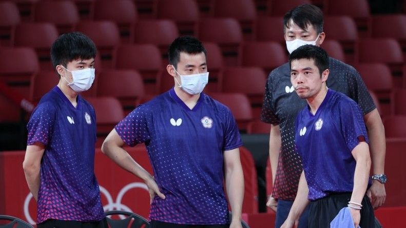 ▲東京奧運桌球男團選手林昀儒、陳建安、教練蔣澎龍、莊智淵。（圖／體育署提供）