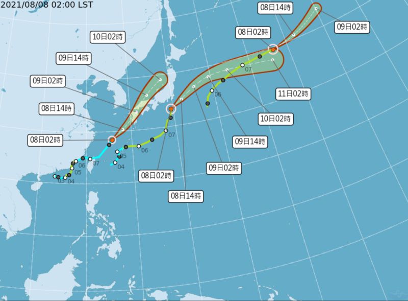 ▲中央氣象局表示目前太平洋地區有3個颱風，其中熱帶性低氣壓於8月8日凌晨2時再度增強為輕度颱風「盧碧」，朝東北往日本方向快速移動。（圖／氣象局提供）