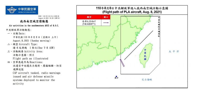 ▲共機運8反潛機8日上午入侵我國航空識別區。（圖／空軍司令部提供）