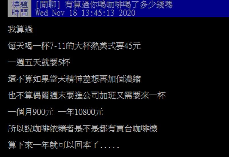 ▲一名網友在PTT發文請益大家「買咖啡機會比較划算嗎?」掀起熱論。