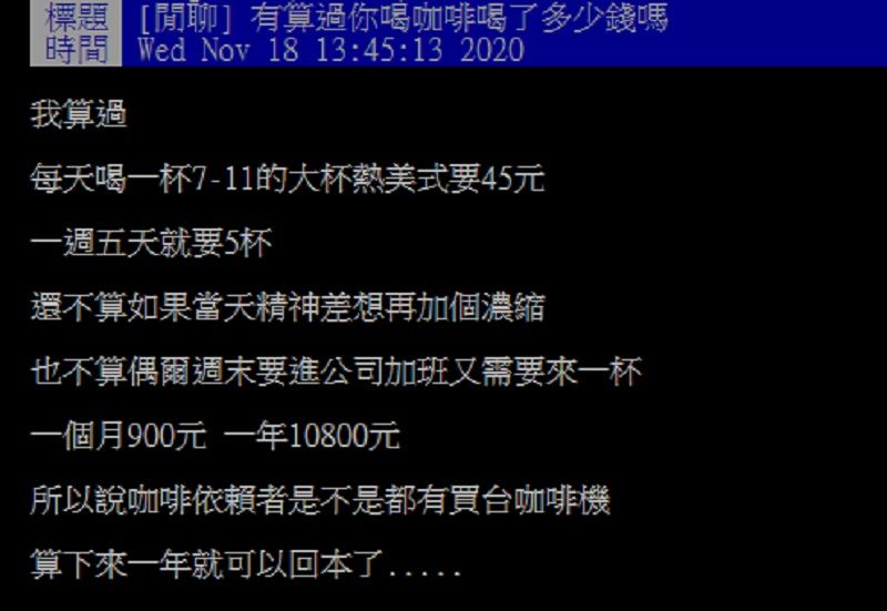 ▲一名網友在PTT發文請益大家「買咖啡機會比較划算嗎？」掀起熱論。