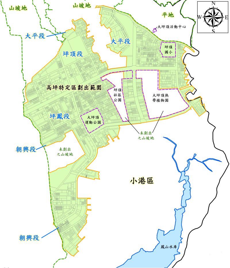 ▲高坪特定區坪山坡地變更已於今年7月經行政院審核通過,將高坪特定區內大平段、坪頂段、坪鳳段及朝興段3808筆土地。(圖/高市府水利局提供)