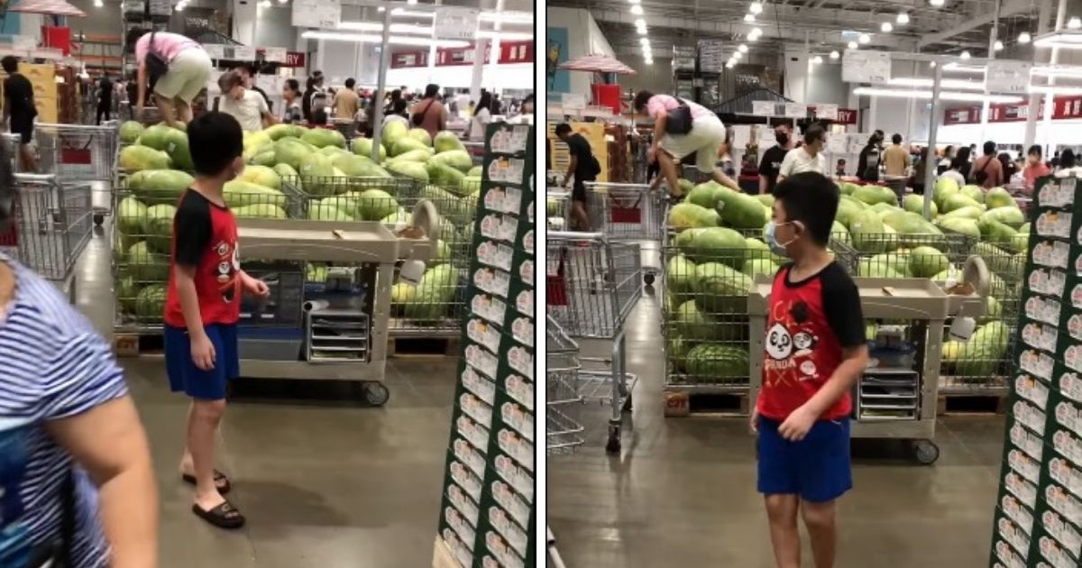 ▲一位婦人不顧旁人眼光，被捕捉到在好市多爬西瓜山，過程被一位男童目睹，造到網友大力譴責。(圖/擷取自廢公社二館/臉書)