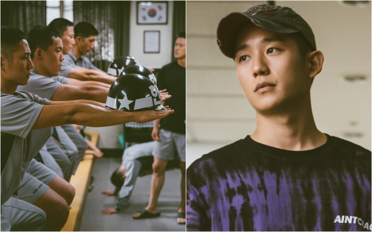 ▲丁海寅（右）劇中飾演在部隊被欺負的菜鳥二等兵，加入「逃兵追緝組」幫抓逃兵。（圖／Netflix）