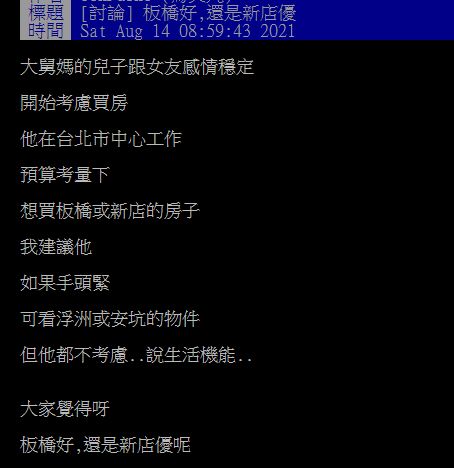 ▲有網友好奇在PTT詢問大家「板橋好還是新店優呢?」掀起熱論。(圖/翻攝自PTT)