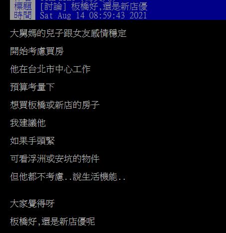 ▲有網友好奇在PTT詢問大家「板橋好還是新店優呢？」掀起熱論。（圖／翻攝自PTT）