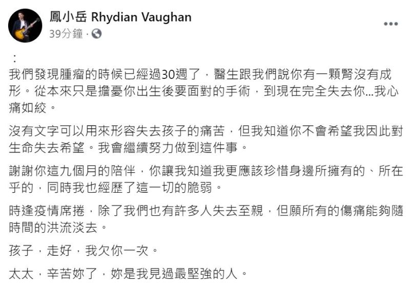 ▲鳳小岳「沒有文字可以用來形容失去孩子的痛苦」。（圖／翻攝鳳小岳臉書）