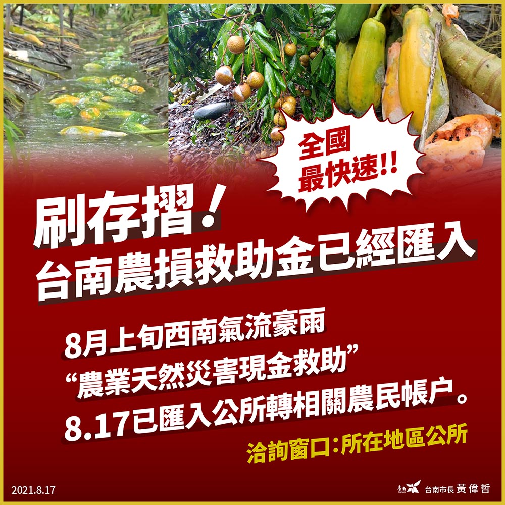 ▲南市首批農業災損救助金已入帳， 農民快去刷存摺喔（圖／台南市政府提供）