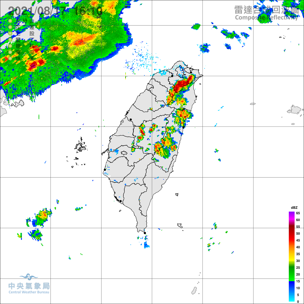 ▲氣象局17日下午針對新北市、桃園市、南投縣及花蓮縣山區發布大雨特報。（圖／中央氣象局提供）
