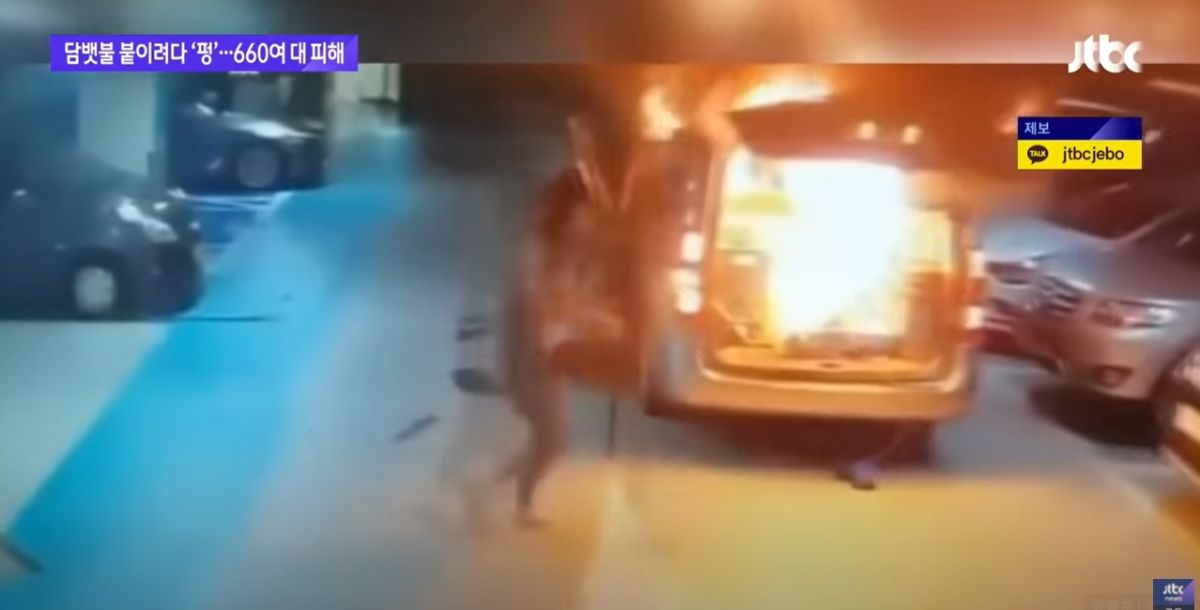▲南韓11日發生一起地下停車場爆炸意外，現場超過6百輛車遭波及，根據調查起火關鍵竟是因為一名男子打算「抽根菸」。（圖／翻攝自《JTBC News》）