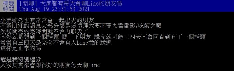 ▲網友好奇詢問「大家都有每天會聊Line的朋友嗎？」（圖／翻攝PTT）