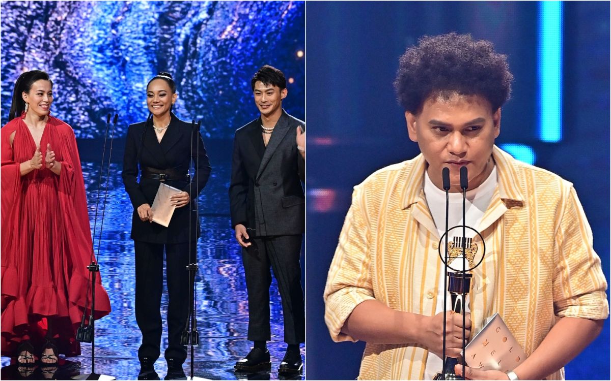 ▲郭婞淳（左圖左起）阿爆、楊勇緯頒最大獎「年度專輯」給桑布伊（右）。（圖／台視）
