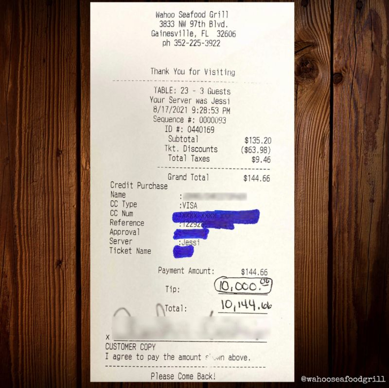 ▲佛心客人要給餐廳員工們一人1000美金的小費。（圖／翻攝自Facebook