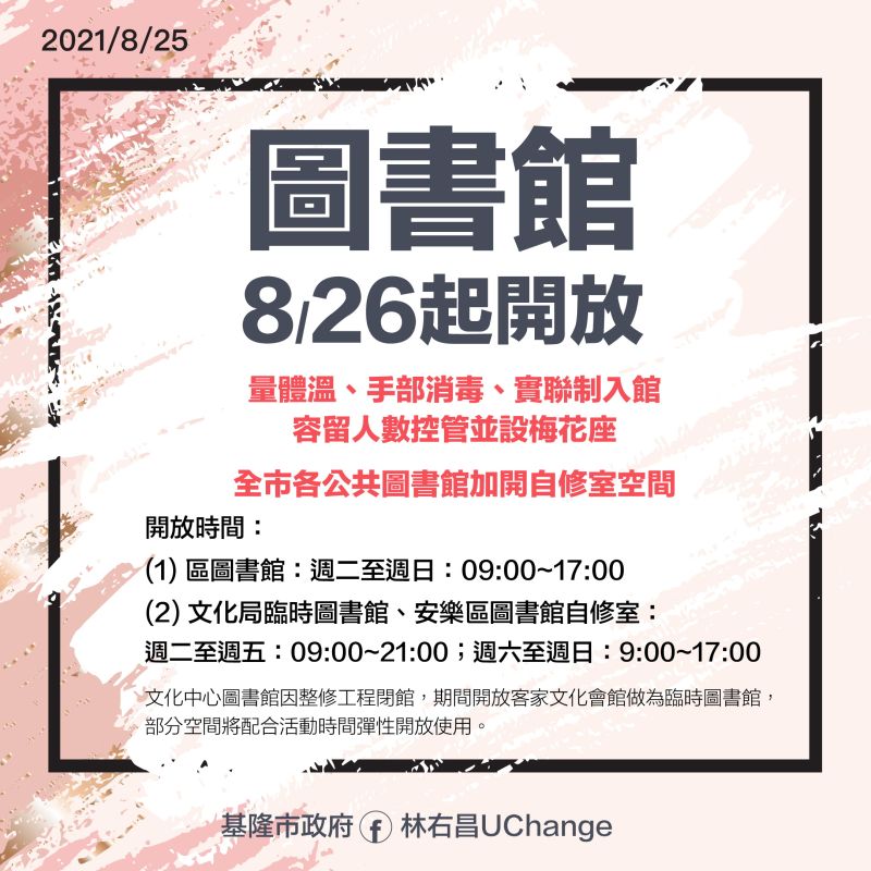 ▲基隆市政府指出，8月26日起，開放圖書館、里民活動中心等處。（圖／基隆市政府提供）