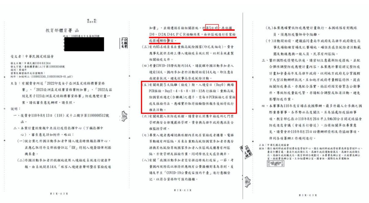 ▲體育署公文揭中華民國足球協會申請專案讓外國球員入境後只需要隔離5天就可比賽。（圖／鄭正鈐辦公室提供）