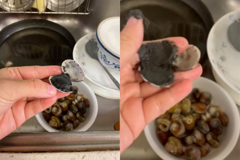 ▲原PO發現「兇手」就是這顆蛤蜊,裡頭全是灰灰的泥沙,讓她十分傻眼。(圖/翻攝自《我愛全聯-好物老實説》)