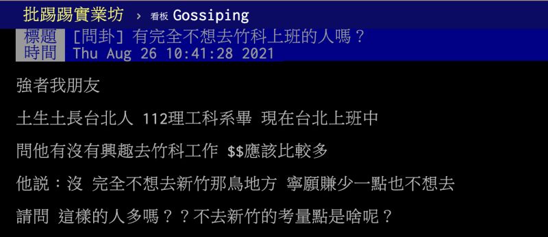 ▲原PO詢問台北朋友是否有意願為了高薪到竹科工作，對方卻立刻拒絕。（圖／翻攝自PTT）