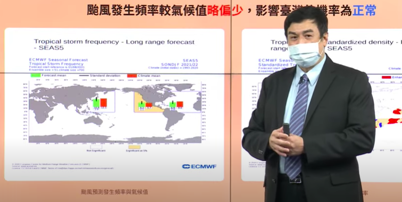 ▲氣象局預報中心副主任陳怡良指出，秋季颱風預估今年仍會有1至2個颱風侵台，約略低於氣候值。（圖/翻攝氣象局直播）