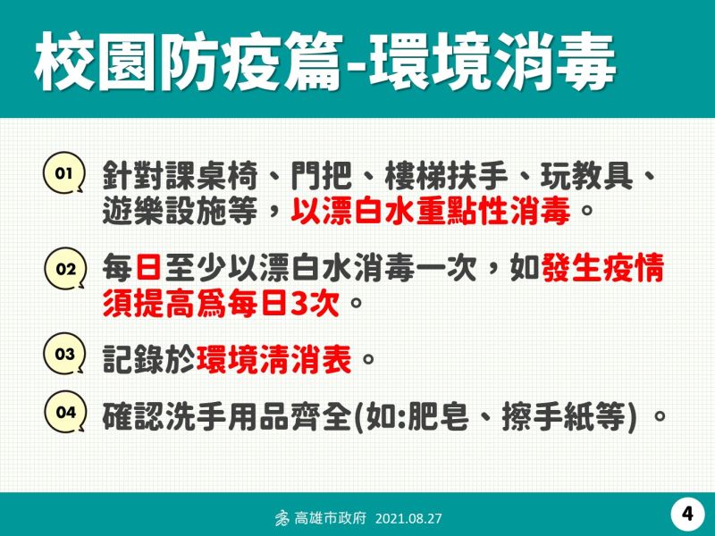 ▲高雄市教育局特別提醒要注意環境消毒。（圖／高雄市政府提供）