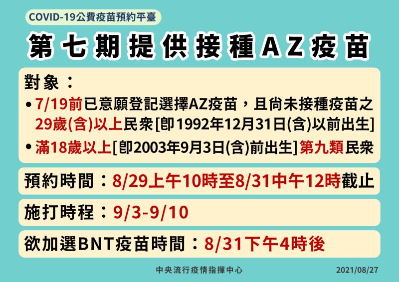 ▲中央流行疫情指揮中心表示，8月28日下午2點起開放意願登記，納入BNT疫苗選項。（圖／指揮中心）