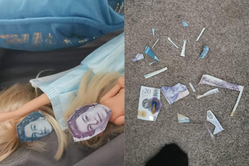 ▲維多利亞看到地板有碎紙片,才發現女兒把紙鈔上的頭像剪下,再貼在芭比的臉上。(圖/翻攝自《Spotted