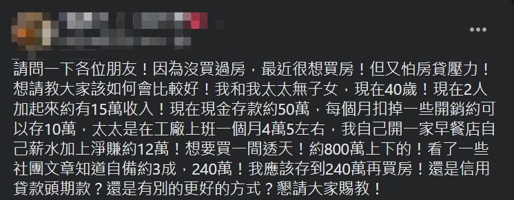 ▲網友拿不出240萬的頭期款，因此萌生向銀行信貸的念頭。（圖／翻攝買房知識家（A你的Q）臉書）