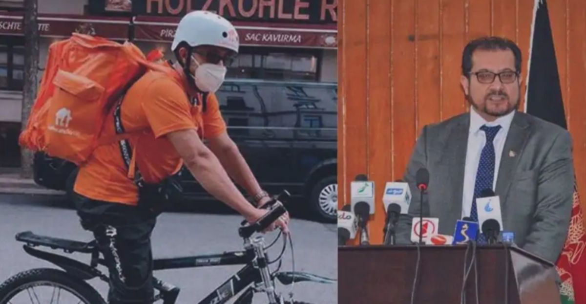 ▲沙達特（Sayed Sadaat）過去在阿富汗曾任部長，但他受夠政府貪腐辭去職務，移居德國，現在騎單車外送餐點維生。但他認為工作就是工作，職業無貴賤，他不感到羞恥。（圖／翻攝自Zee News）