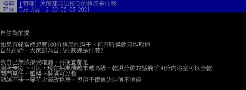 ▲網友認為最無法接受的房子格局是「暗廳」。(圖/翻攝PTT)