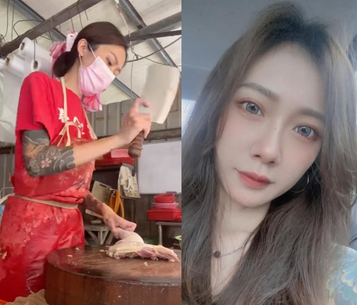 ▲女網友PO出自己「剁雞」的工作影片，和甜美自拍照，立刻掀起熱議。（圖／翻攝自《爆廢公社二館》）