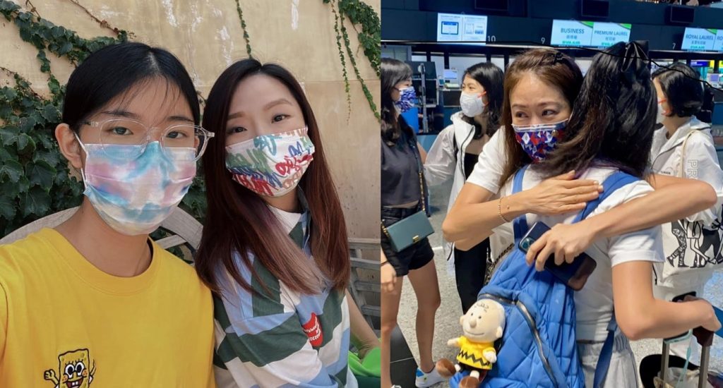▲陶晶瑩陪伴女兒荳荳（左圖）出國就學，已經返台隔離中；賈永婕在機場擁抱大女兒安安，忍不住落淚 。（圖／陶晶瑩、賈永婕臉書）