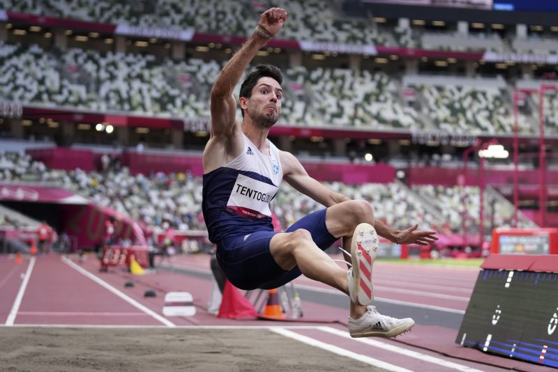 Miltiadis Tentoglou, of Greece, competes in men’s long jump final at the 2020 Summer Olympics, Monday, Aug. 2, 2021, in Tokyo.(AP Photo/Matthias Schrader)