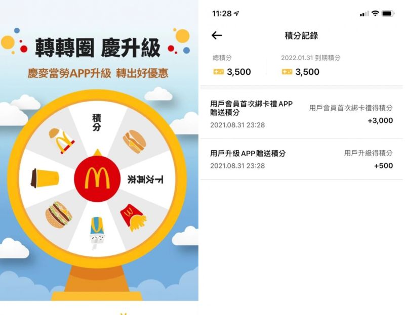 ▲網友在麥當勞APP綁定實體點點卡後，獲得積分3000，可以兌換100點數，相當於兩包大薯的價值。（圖/Dcard）