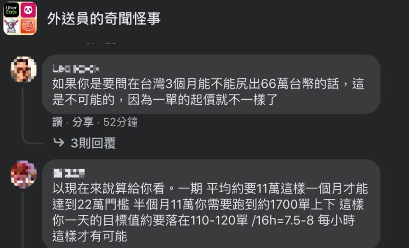 ▲網友認為在台灣跑外送，要在3個月賺66萬不可能做到。（圖／翻攝自《外送員的奇聞怪事》臉書）