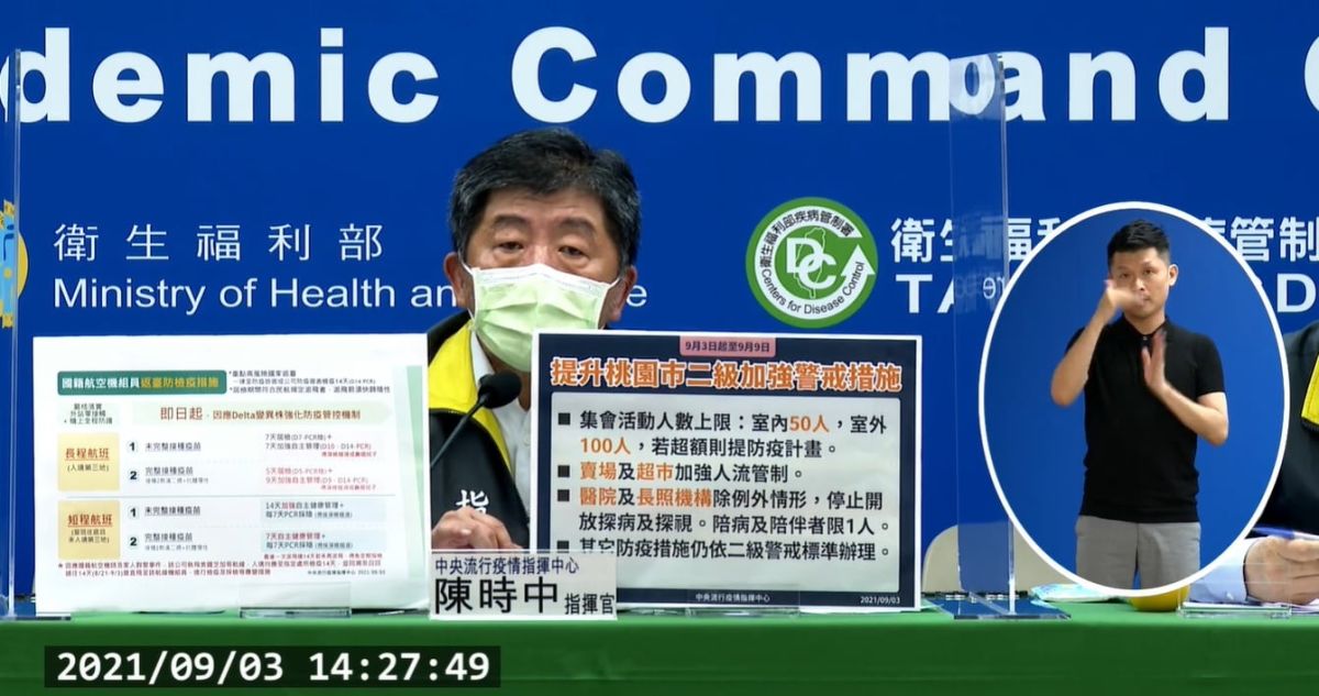 ▲長榮航空機師在桃園就讀高中兒子確診心冠肺炎，指揮中心宣布桃園市提升為「強化二級」警戒。(圖／翻攝自指揮中心直播)