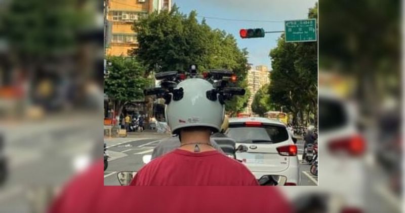 ▲更有一位網友貼出一個看似安裝了6台行車紀錄器在安全帽上的機車騎士，表示讓他「壓力山大」。(圖/擷取自爆廢公社臉書社團)