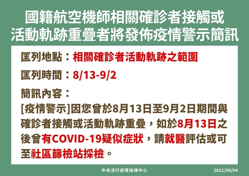 ▲國籍航空相關確診者將發送示警簡訊。（圖/指揮中心提供）