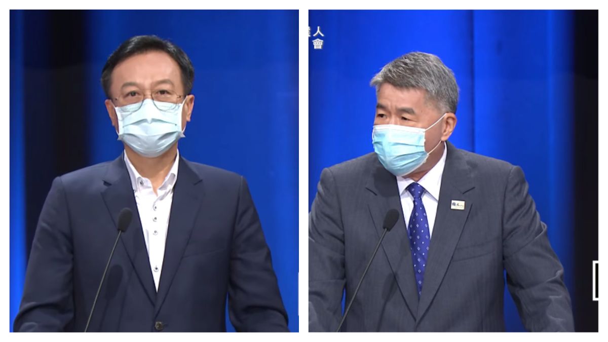 ▲國民黨主席辯論會登場，候選人卓伯源（左）、張亞中發表政見。（圖／取自國民黨Youtube直播、NOWnews組圖）