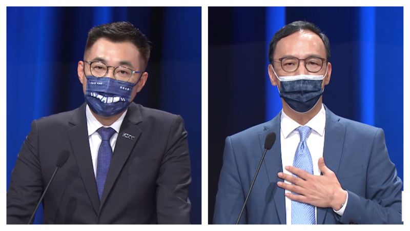 ▲江啟臣（左）、朱立倫（右）在國民黨主席電視辯論會上交鋒。（圖／取自國民黨網路直播、NOWnews組圖）