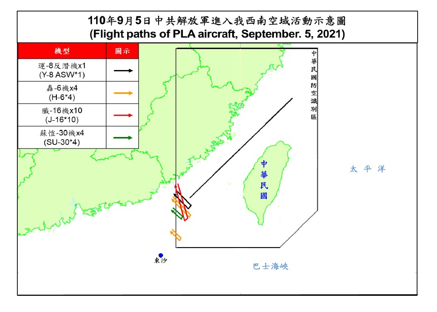 ▲昨（5）日有19架共機闖我西南空域，國防部公布擾台路線示意圖。（圖／國防部提供）