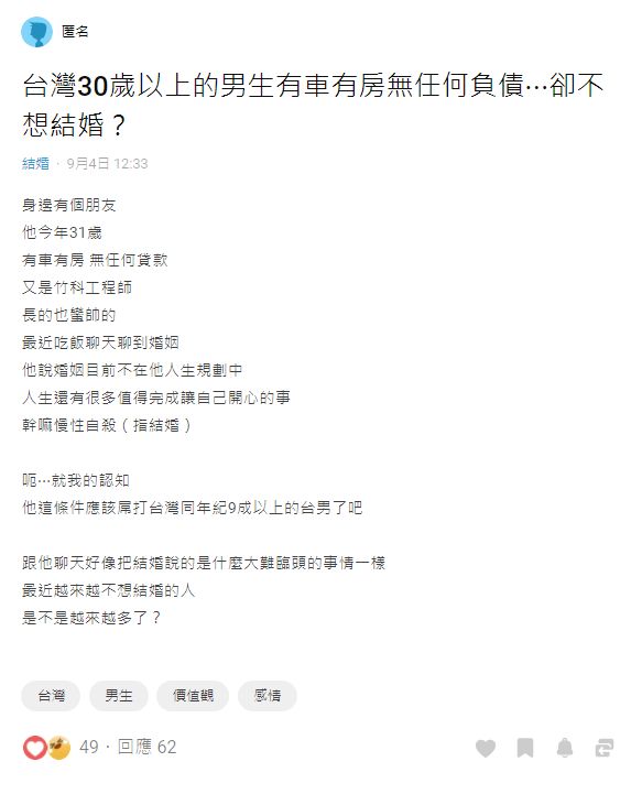 ▲工程師認為步入婚姻就像慢性自殺,另外還有許多值得完成的事情。(圖/翻攝Dcard)