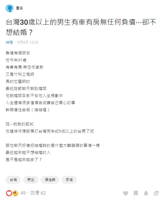 ▲工程師認為步入婚姻就像慢性自殺，另外還有許多值得完成的事情。（圖／翻攝Dcard）